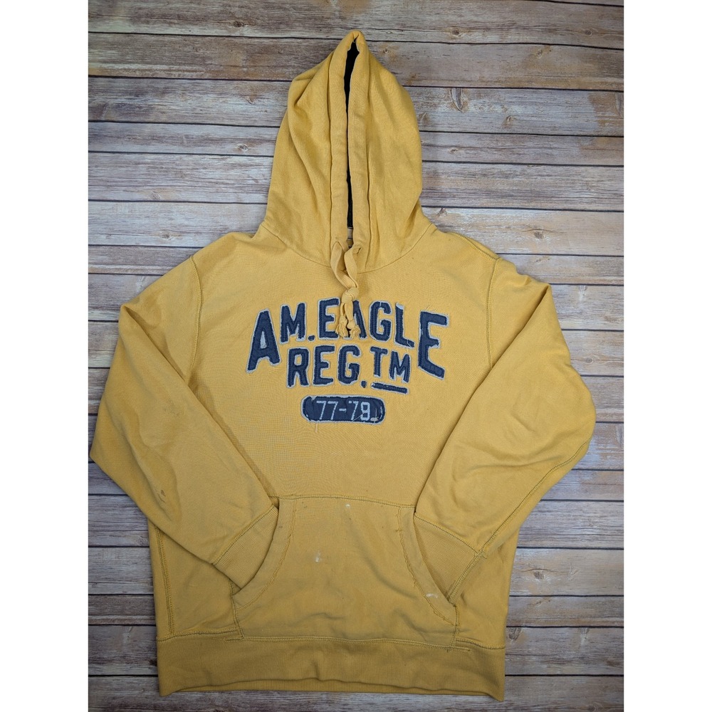 American Eagle Pullover Hoodie Mens L Cotton Yellow Y2K Embroidered Spellout